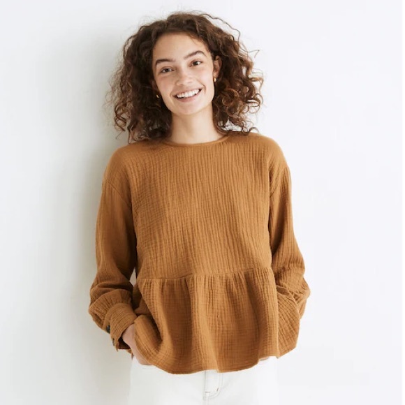 Madewell Tops - Madewell Lightspun Button-Back Peplum Top In Red Size Small Oversized Cotton